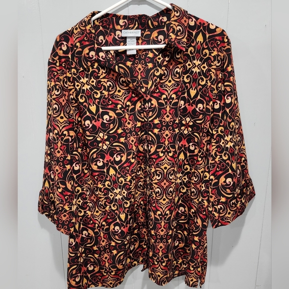 Catherines Button-Up Top Shirt Womens 2X Black Geometric 3/4 Sleeves Stretch - Picture 1 of 8